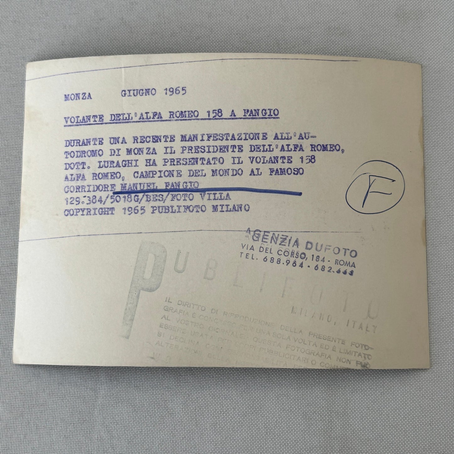 Juan Manuel Fangio Alfa Romeo 158 Steering Racing Car Steering Wheel Photo 1965