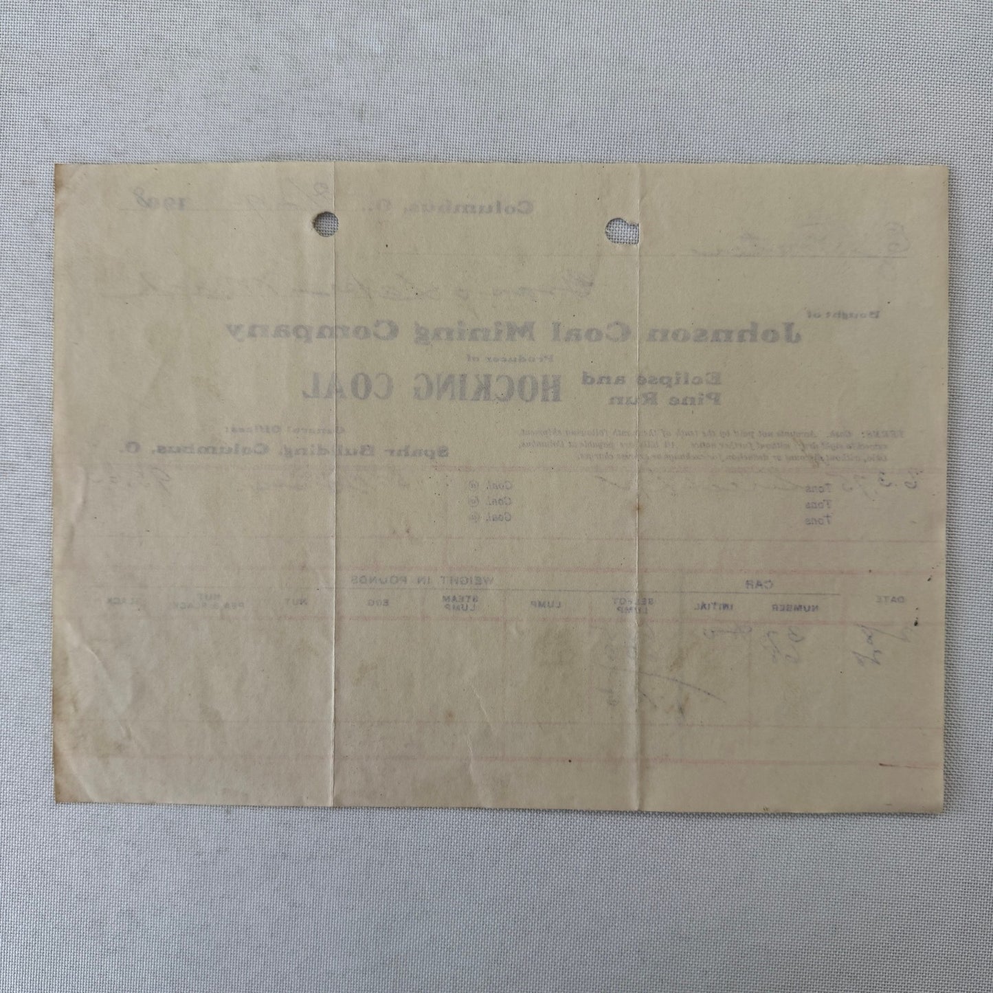 Johnson Coal Mining Company Receipt Invoice Document Letterhead 1908 Columbus OH