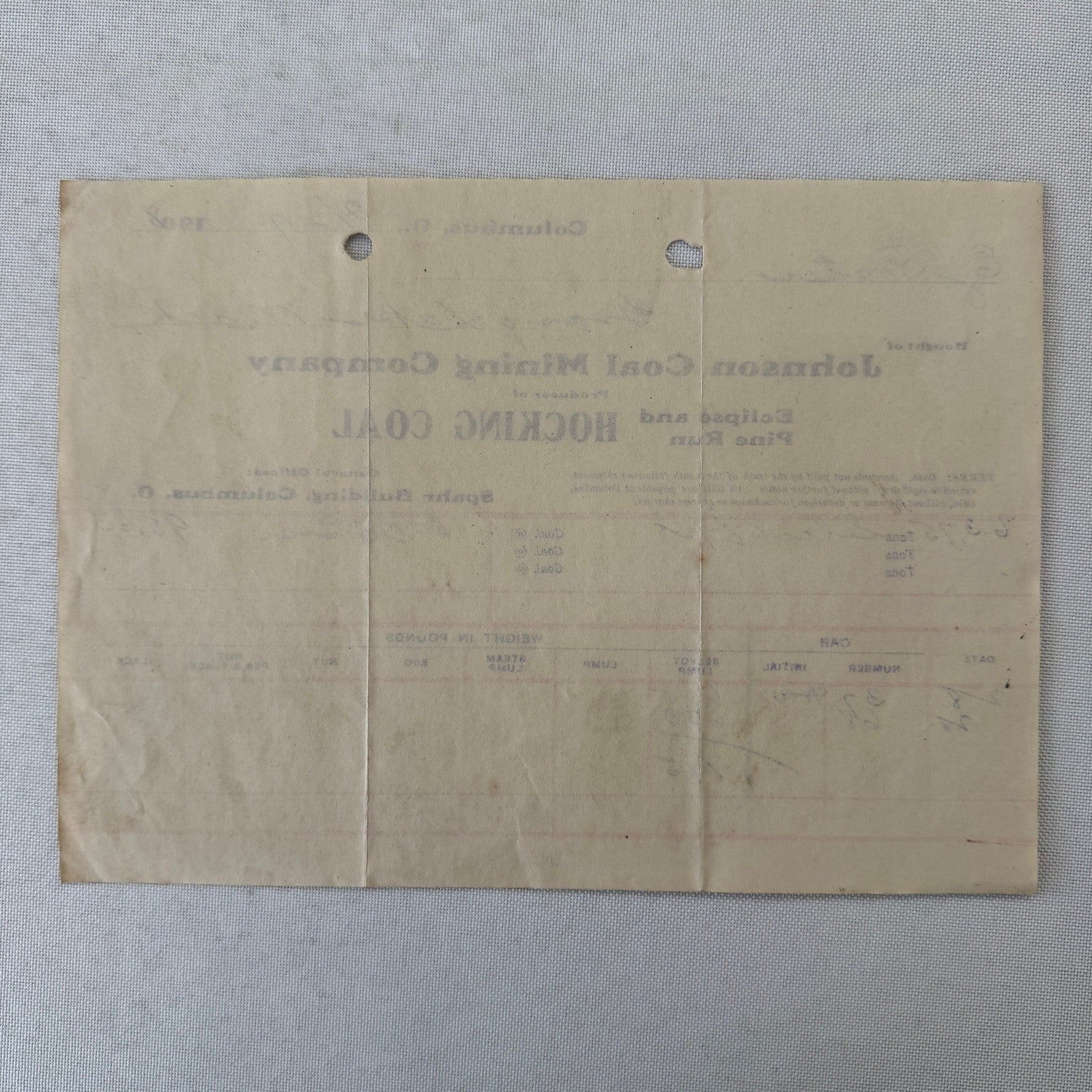 Johnson Coal Mining Company Receipt Invoice Document Letterhead 1908 Columbus OH