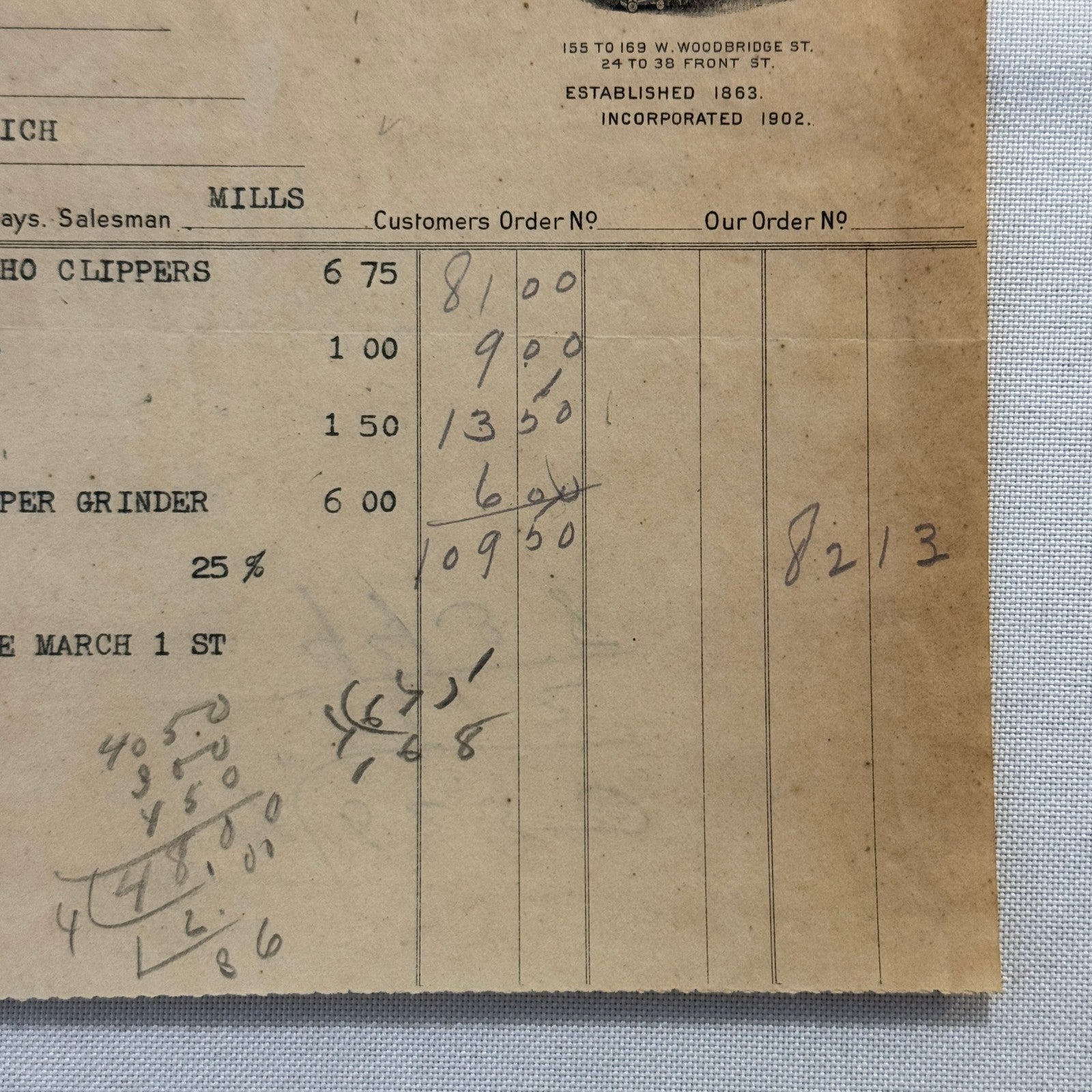 1908 Detroit Michigan Document Invoice Standart Brothers Limited Hardware