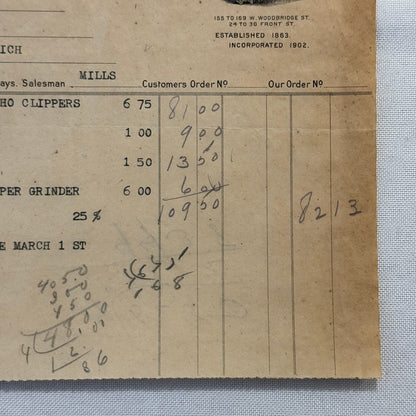 1908 Detroit Michigan Document Invoice Standart Brothers Limited Hardware