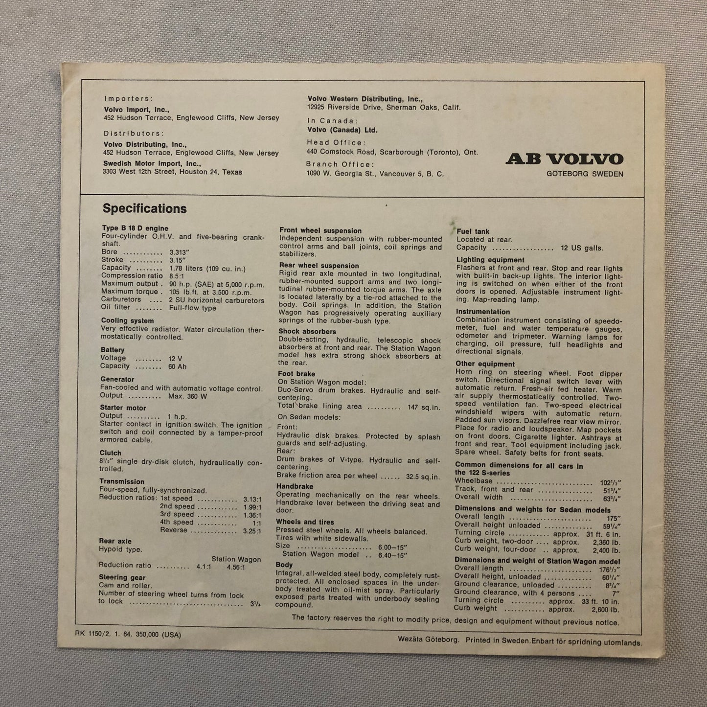 Vintage Volvo 122 Series Sales Brochure Catalog 122 S Sedan Station Wagon 122S