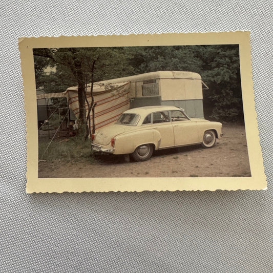 Borgward Car with Caravan Camper Trailer Photo Photograph Print Snapshot Vintage