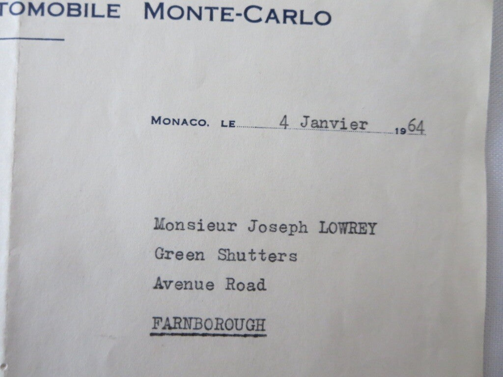 1964 Rallye Automobile Monte Carlo XXXIII Letter Letterhead Press Credentials 