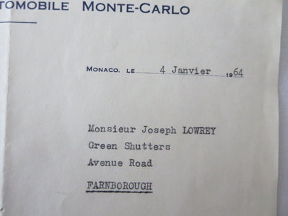 1964 Rallye Automobile Monte Carlo XXXIII Letter Letterhead Press Credentials 