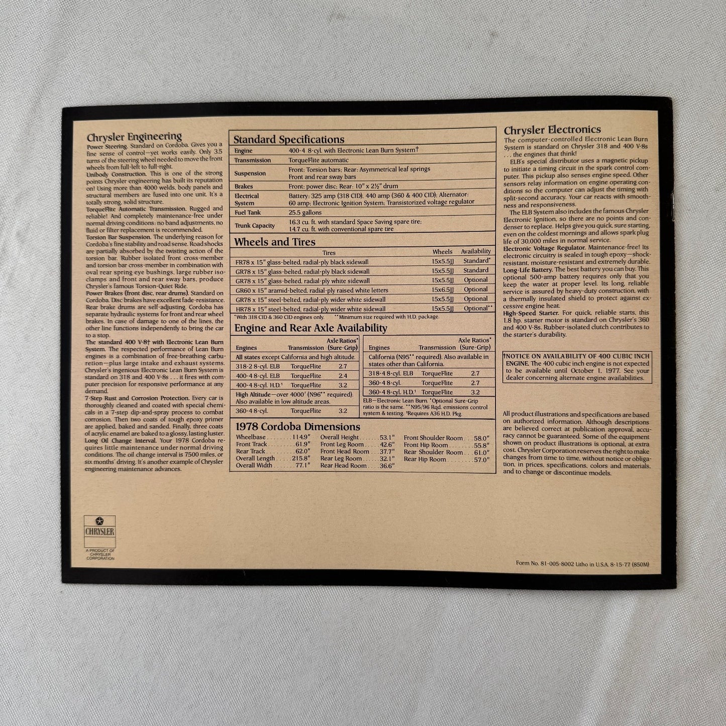 1978 Chrysler Cordoba Car Sales Brochure Catalog Advertising