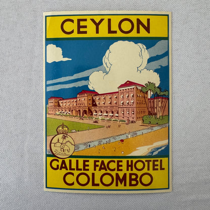 Vintage Hotel Travel Luggage Label Ceylon Colombo Sri Lanka Galle Face Hotel