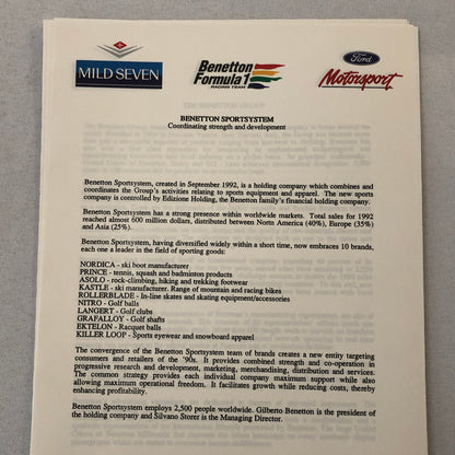Benetton Ford B194 Racing Car Press Kit with Photos
