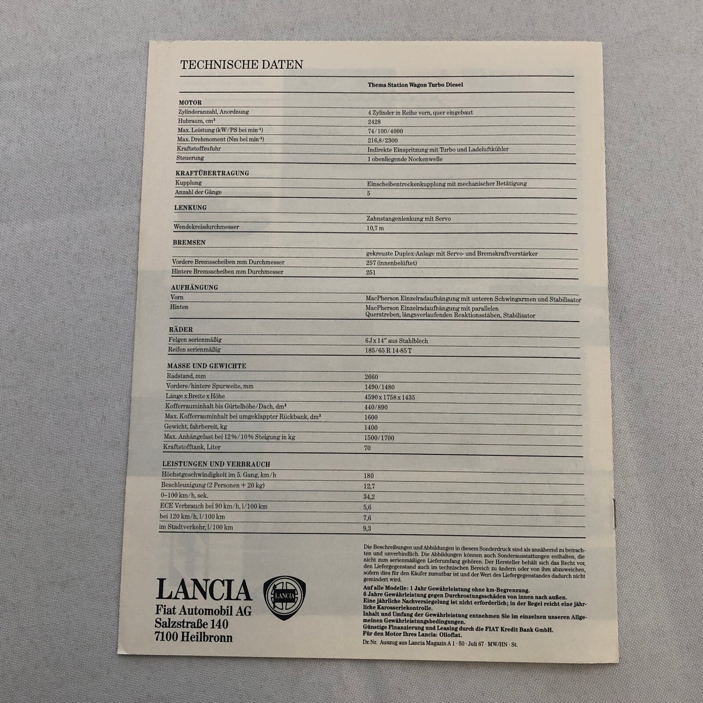 Lancia Thema Station Wagon Car Sales Brochure Catalog German