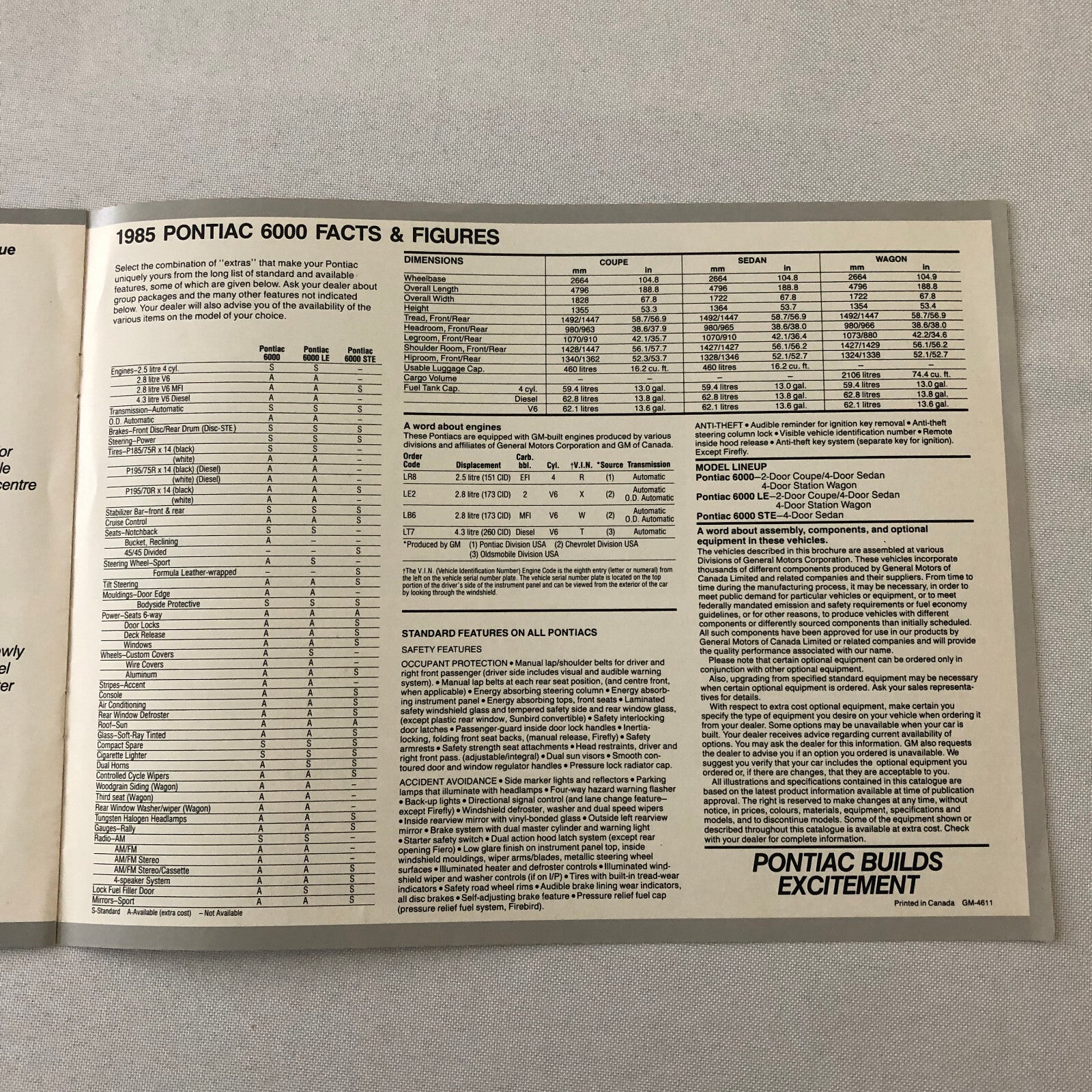 1985 Pontiac 6000 and 6000 STE Sales Brochure Catalog Coupe Sedan Station Wagon