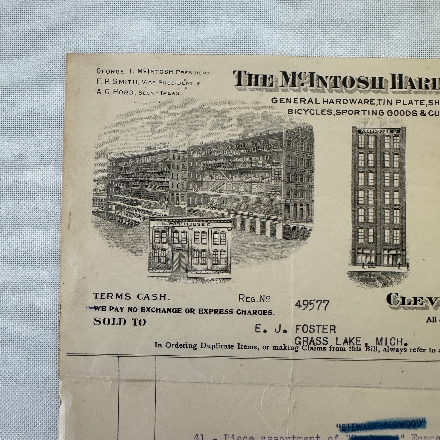 McIntosh Hardware Corporation Cleveland 1908 Receipt Invoice Document Antique