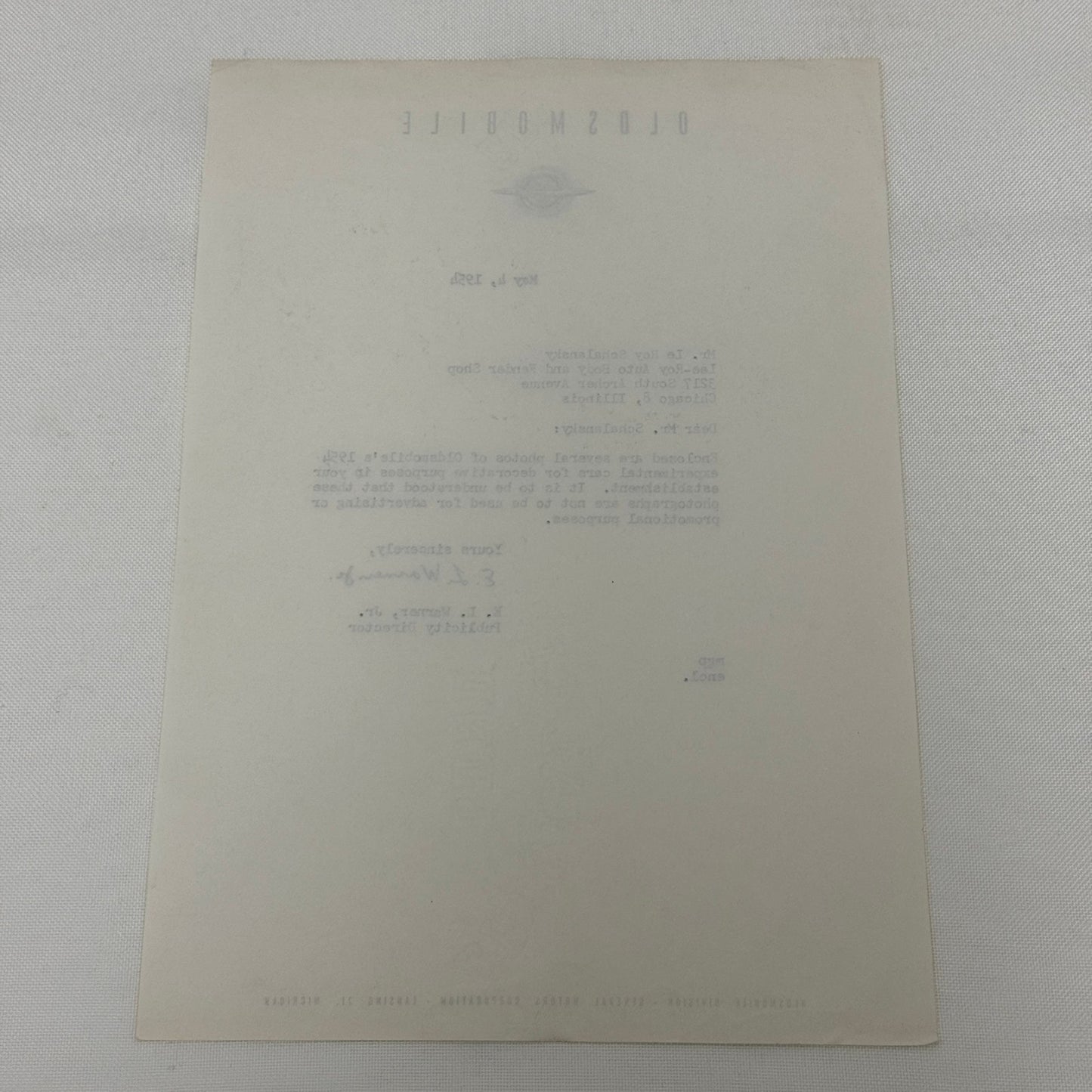 1954 Oldsmobile Letter Letterhead Vintage Document Signed Publicity Director