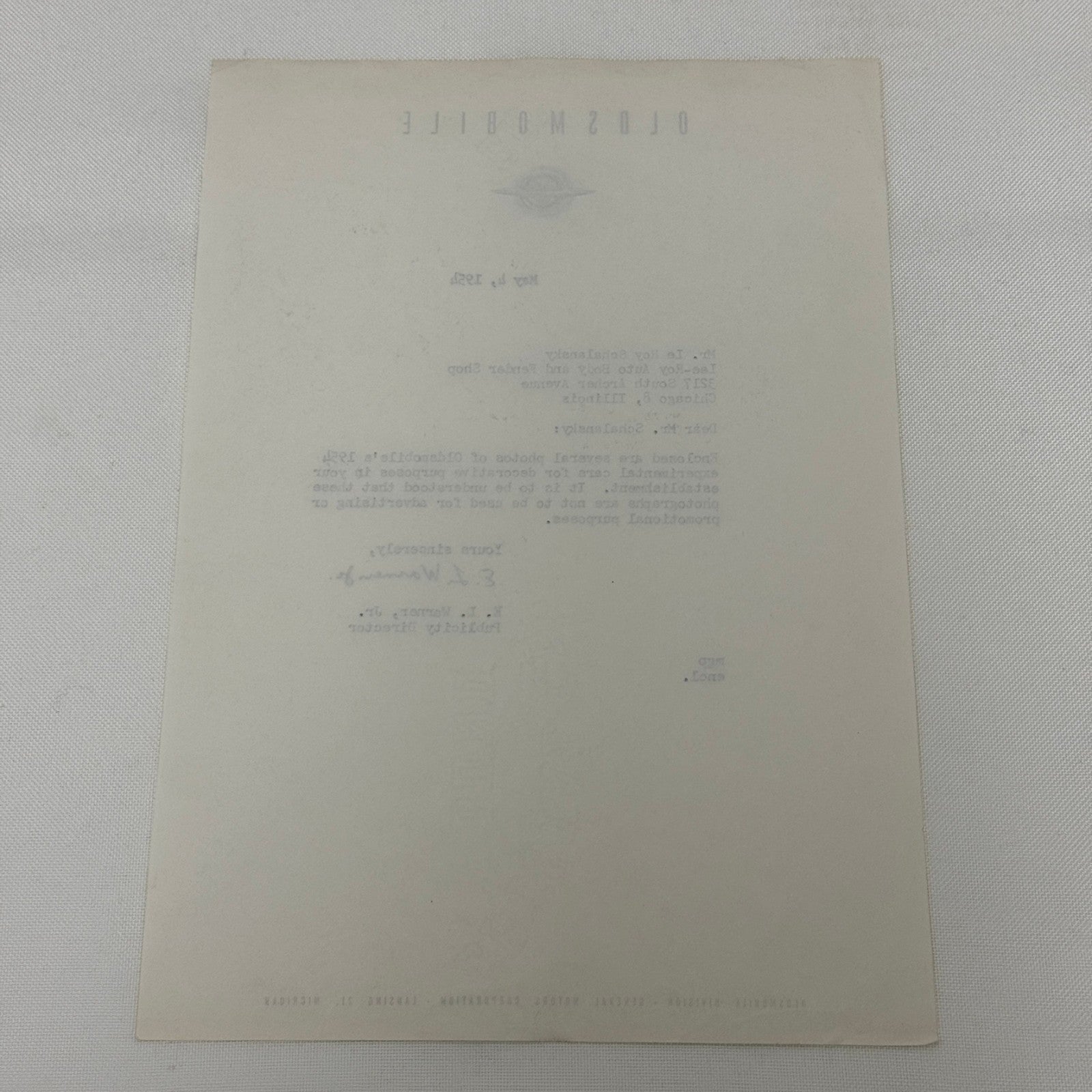 1954 Oldsmobile Letter Letterhead Vintage Document Signed Publicity Director