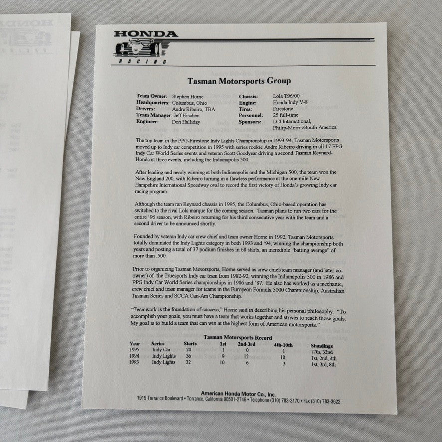 1996 Honda Indy Racing Press Kit Brochure Andre Ribeiro