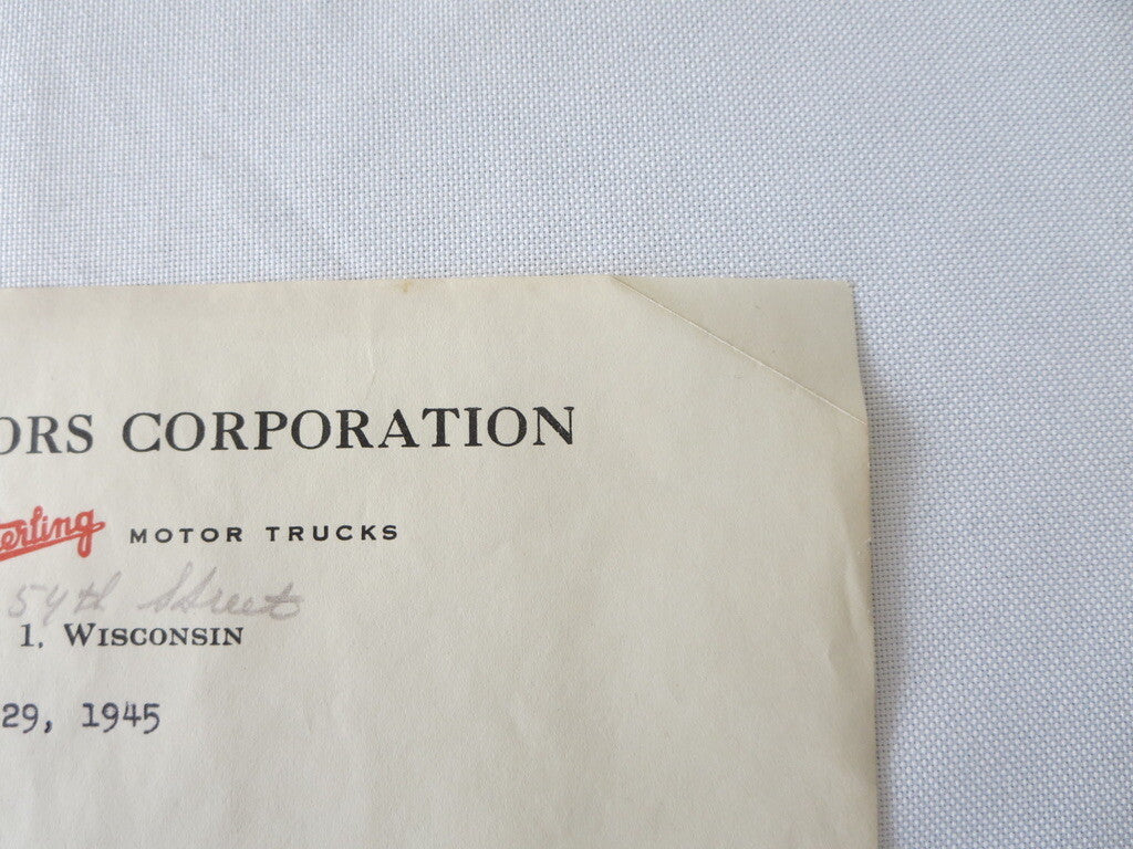 1945 Sterling Motor Truck Corporation Letter Letterhead Document 