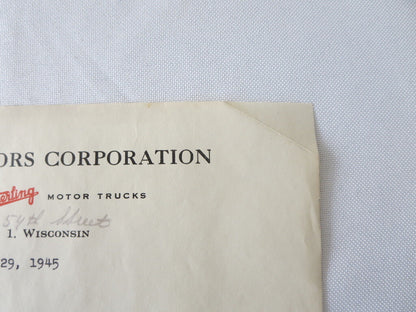 1945 Sterling Motor Truck Corporation Letter Letterhead Document 