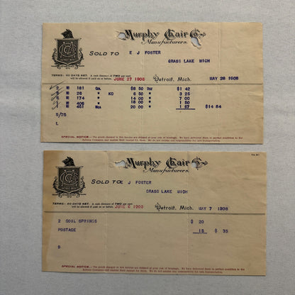 Murphy Chair Company Detroit Michigan Receipt Document Letterhead 1908 Lot 2x
