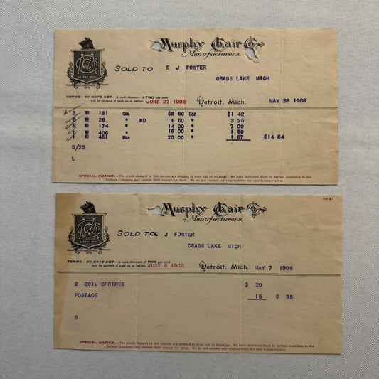 Murphy Chair Company Detroit Michigan Receipt Document Letterhead 1908 Lot 2x