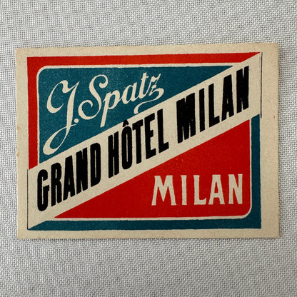 Vintage Hotel Travel Luggage Label Grand Hotel Milano Milan Italy J Spatz