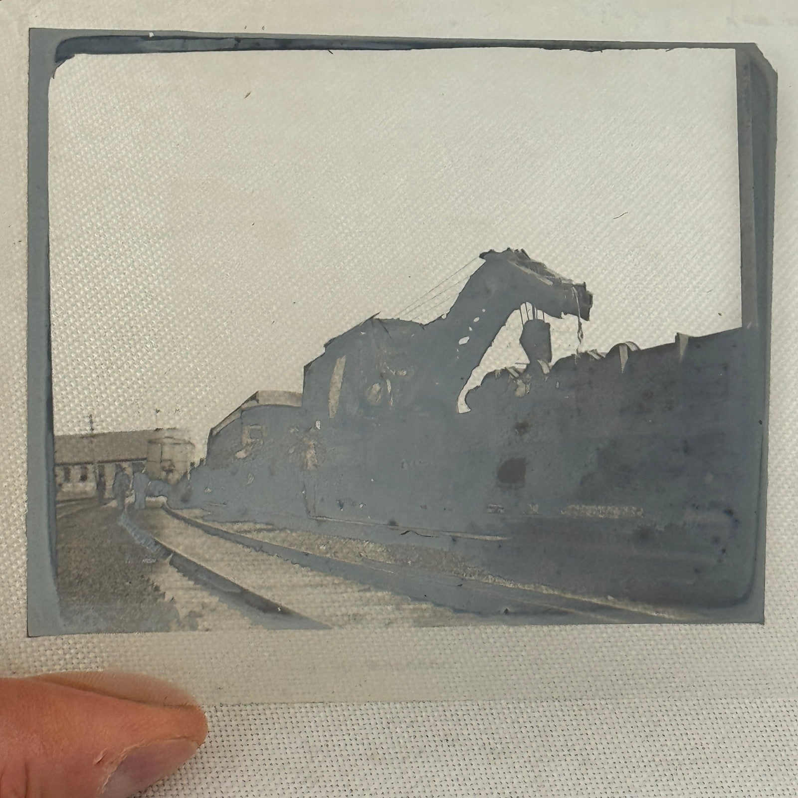 Antique Glass Plate Lantern Slide Photo Train with Crane