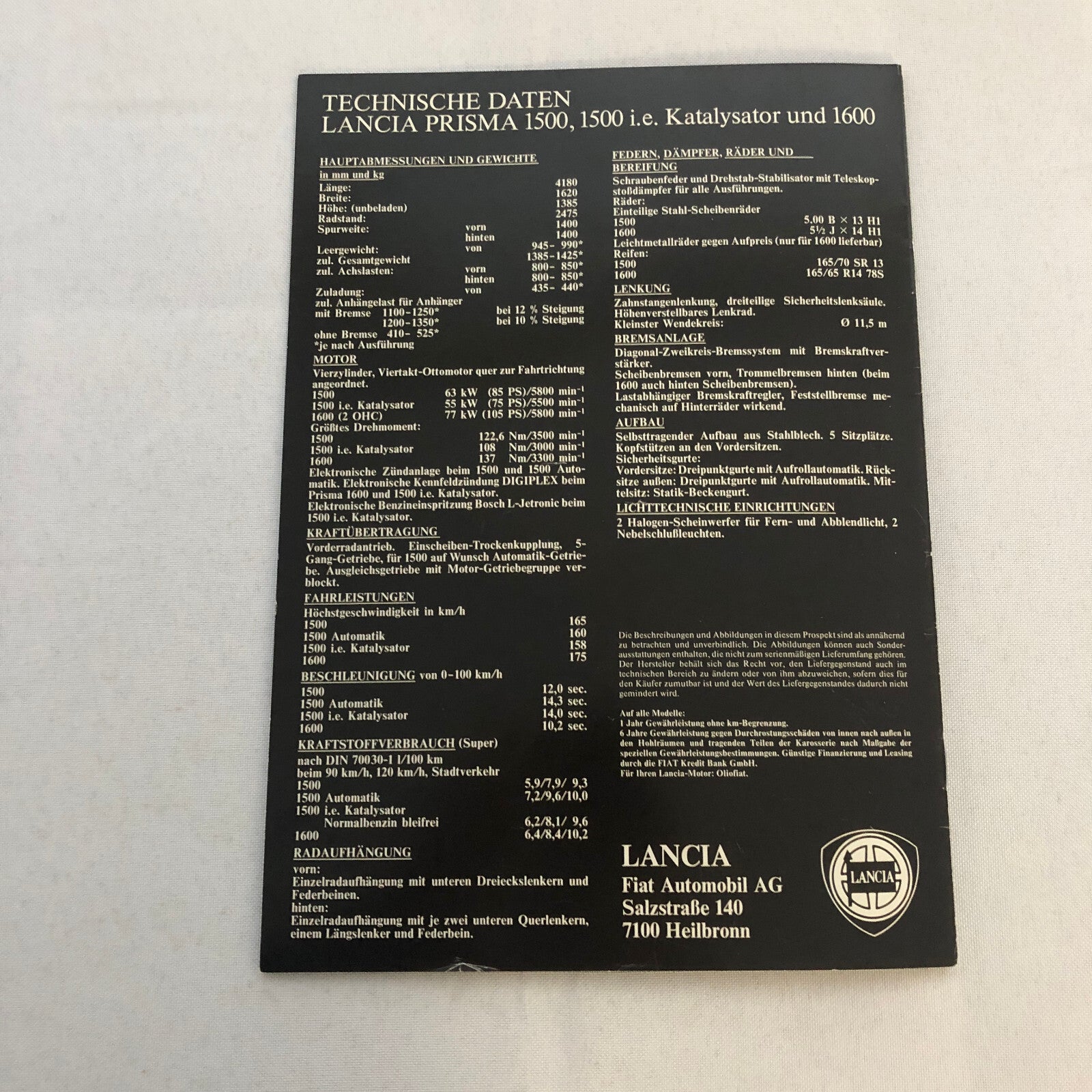 Lancia Prisma 1500 and 1600 Car Sales Brochure Catalog German Text