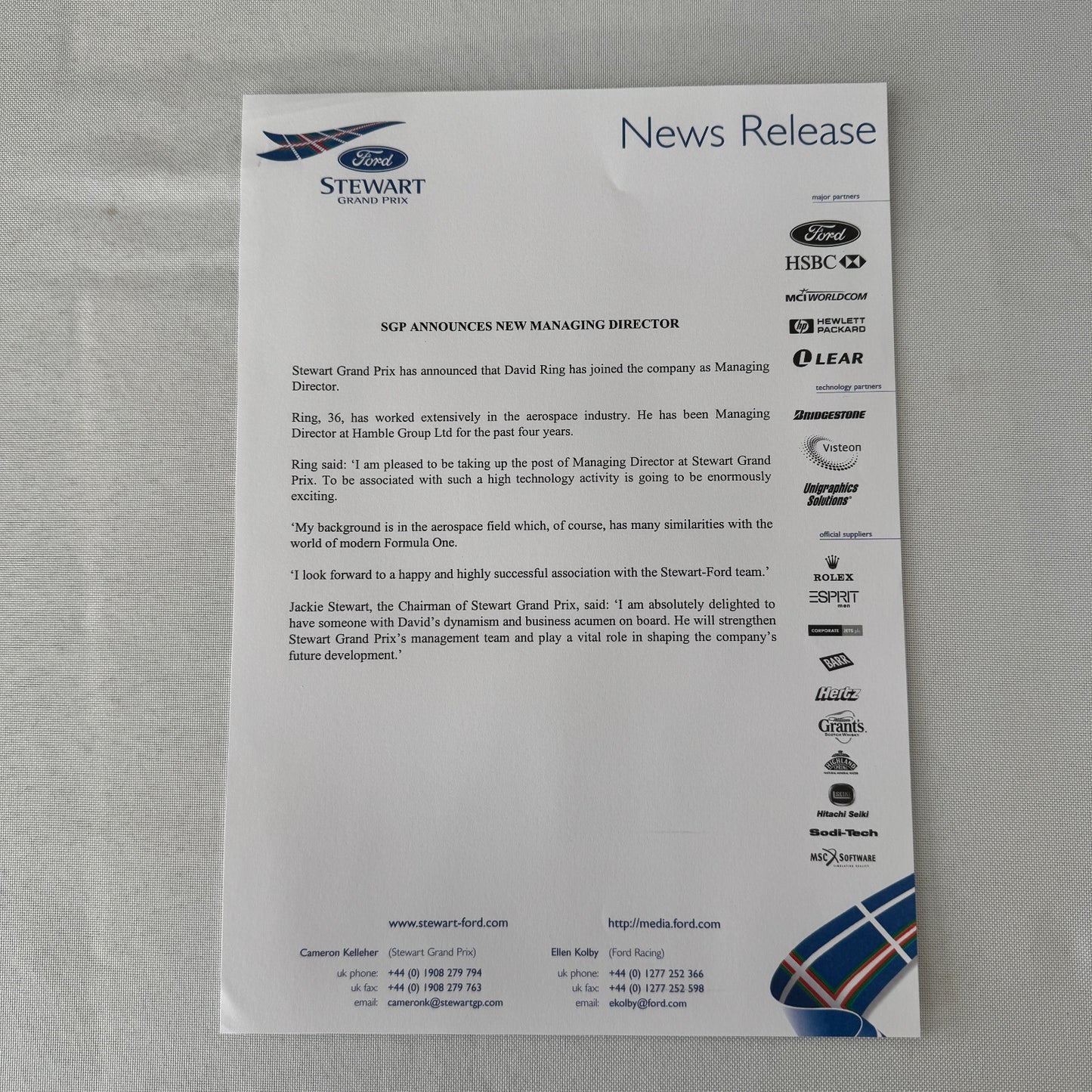 1999 Ford Jackie Stewart Racing Team SF3 Press Kit 35mm Slides Brochure Photos