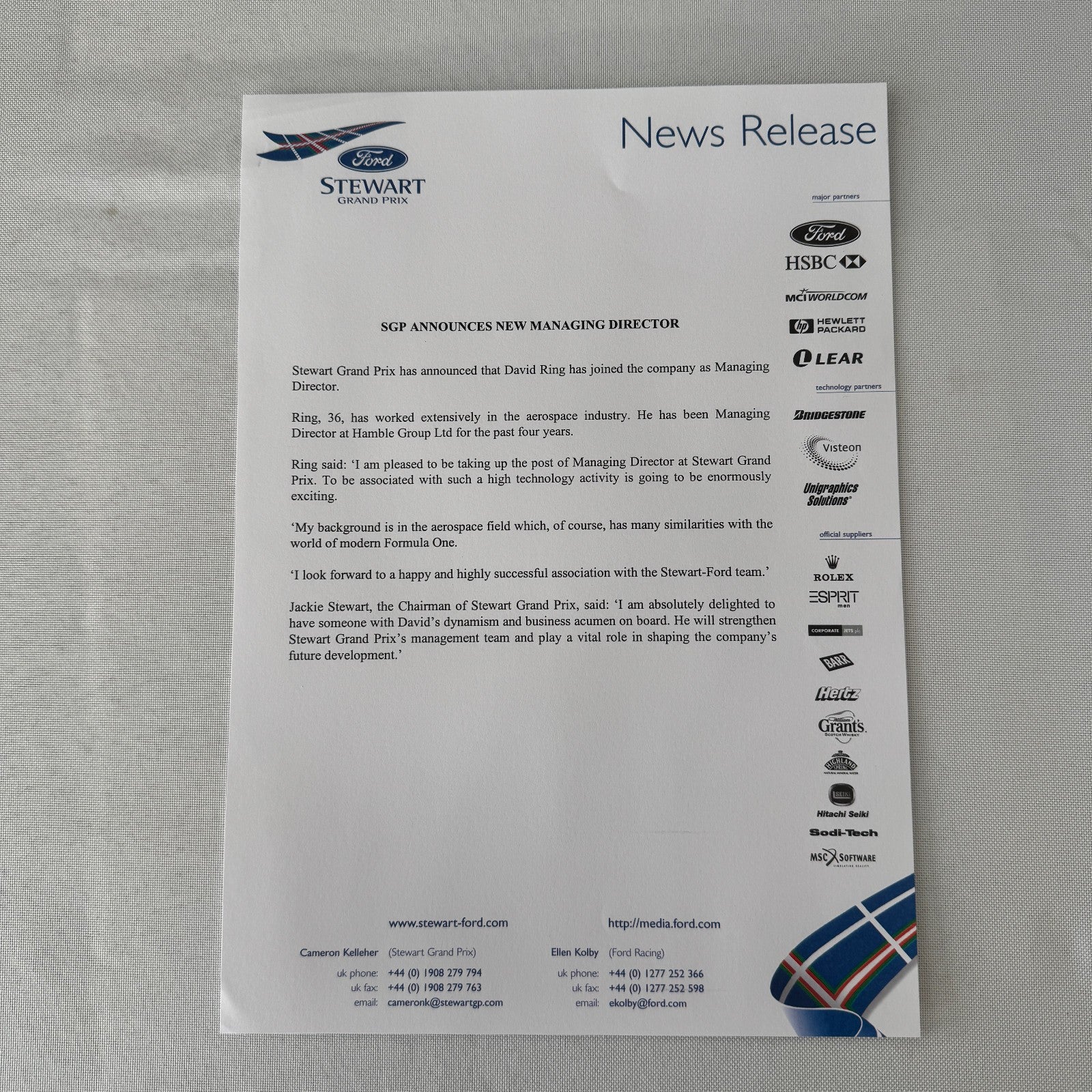 1999 Ford Jackie Stewart Racing Team SF3 Press Kit 35mm Slides Brochure Photos