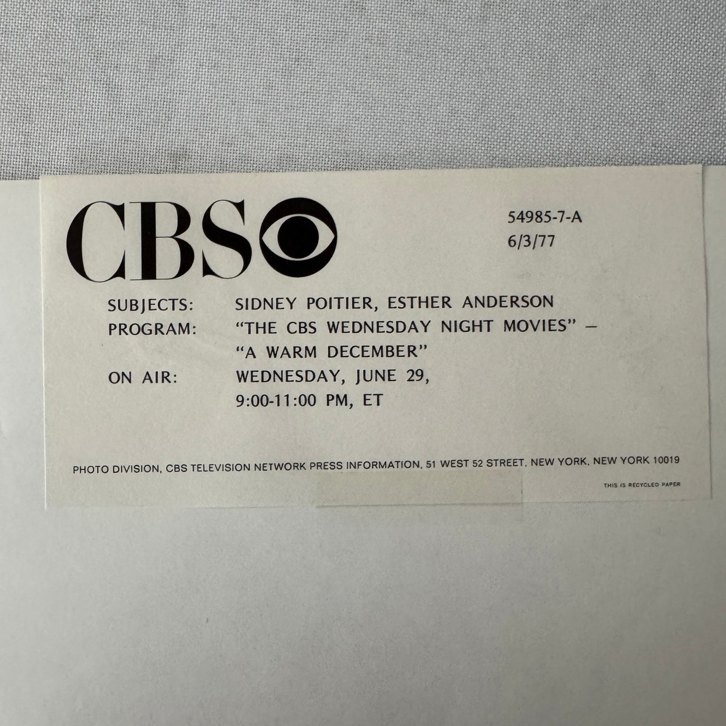 Vintage Movie Still Press Photo Photograph Sidney Poitier Esther Anderson CBS TV