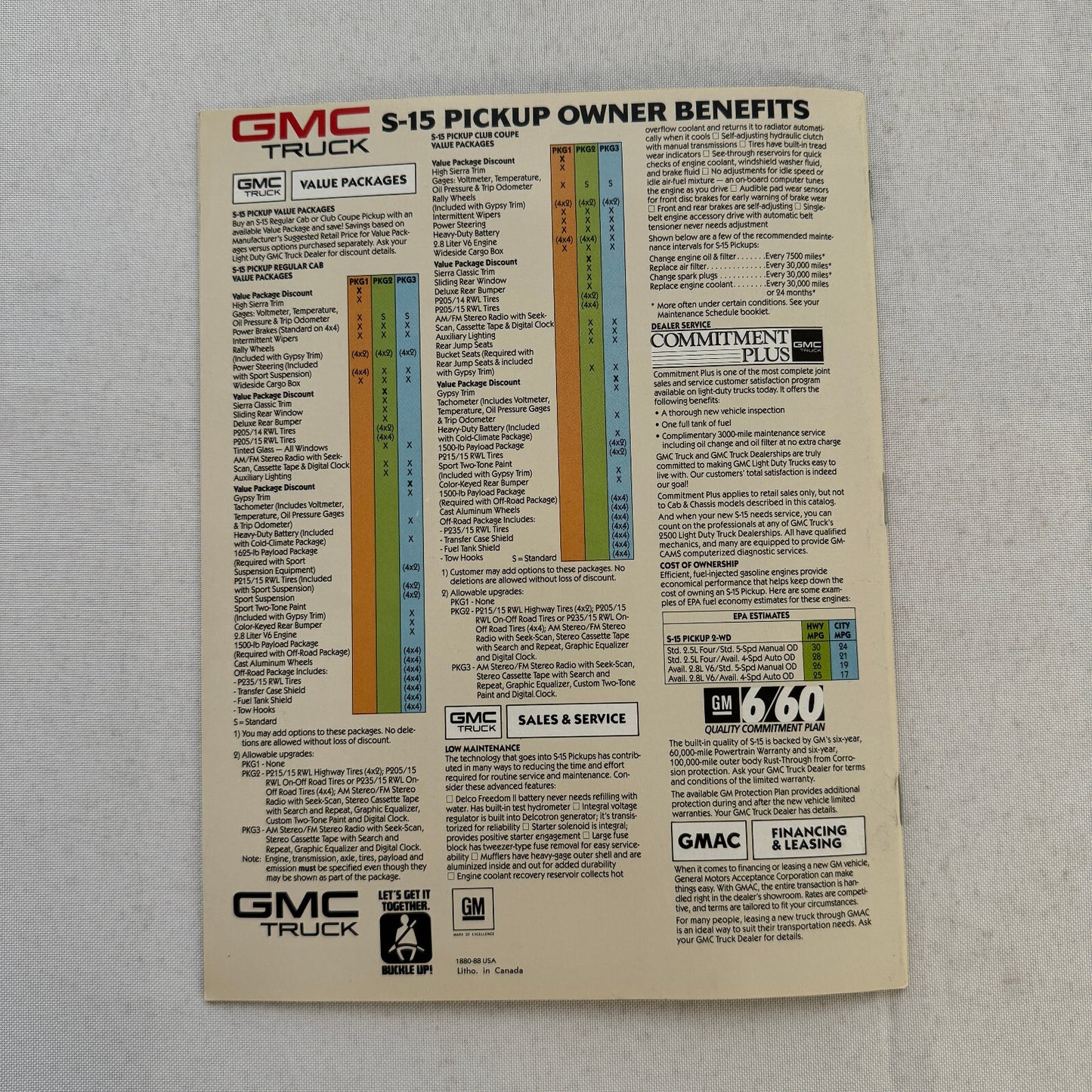1988 GMC S-15 S15 Pickup Truck Sales Brochure Catalog Advertising Canadian