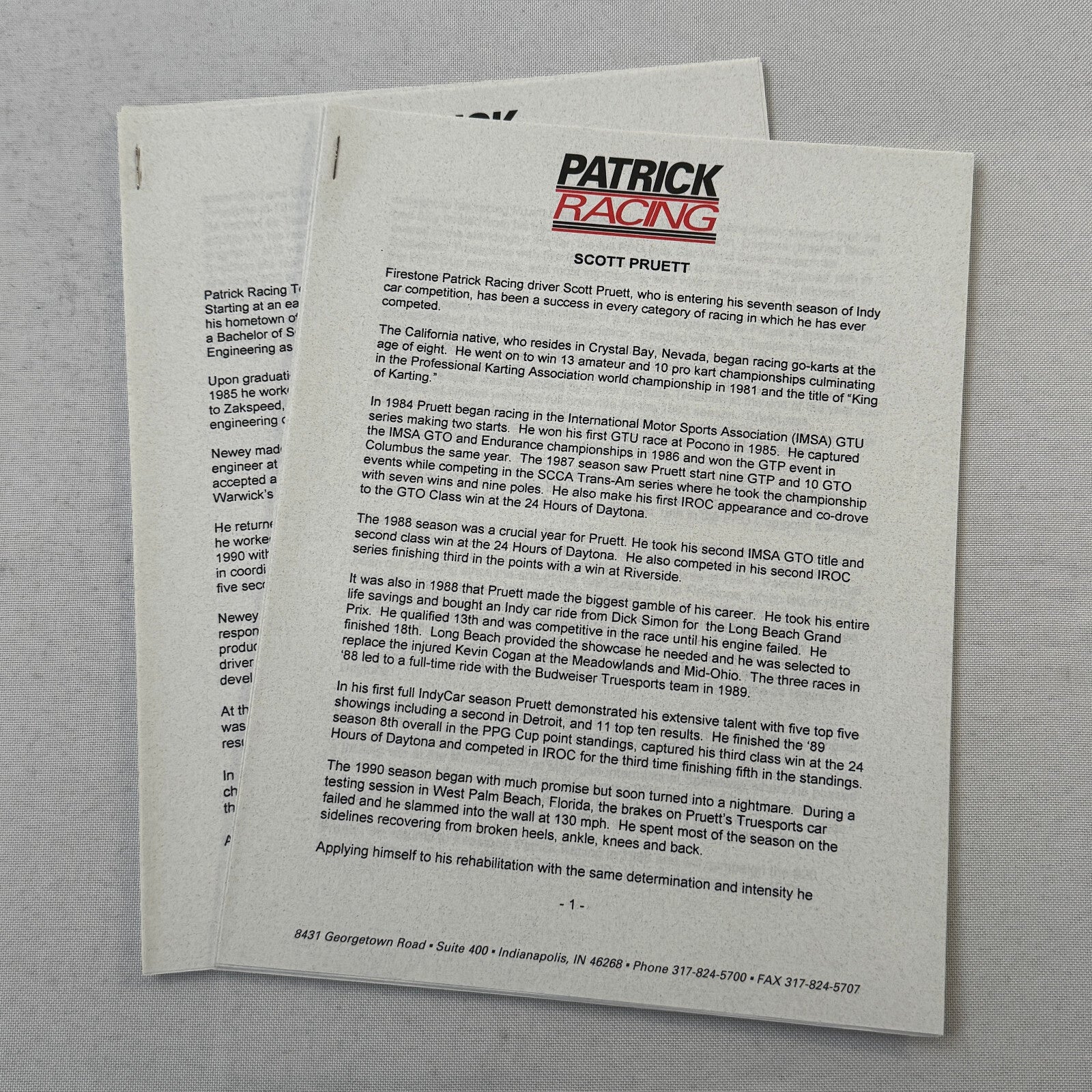 1996 Patrick Racing Scott Pruitt Indy Car Press Kit Brochure Photos Vintage