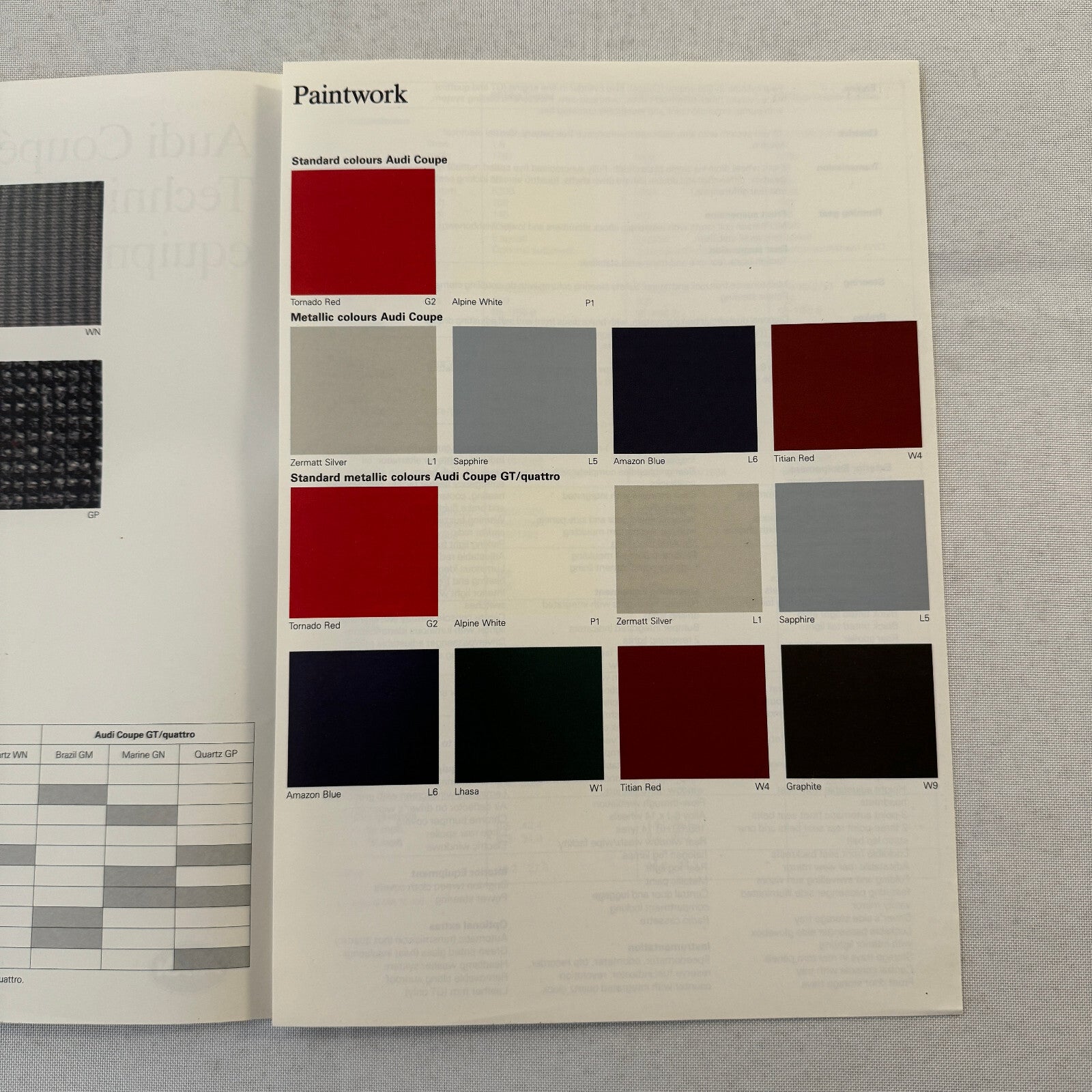 Audi Coupe Technical Specification and Color Spec Brochure Coupe Quattro GT