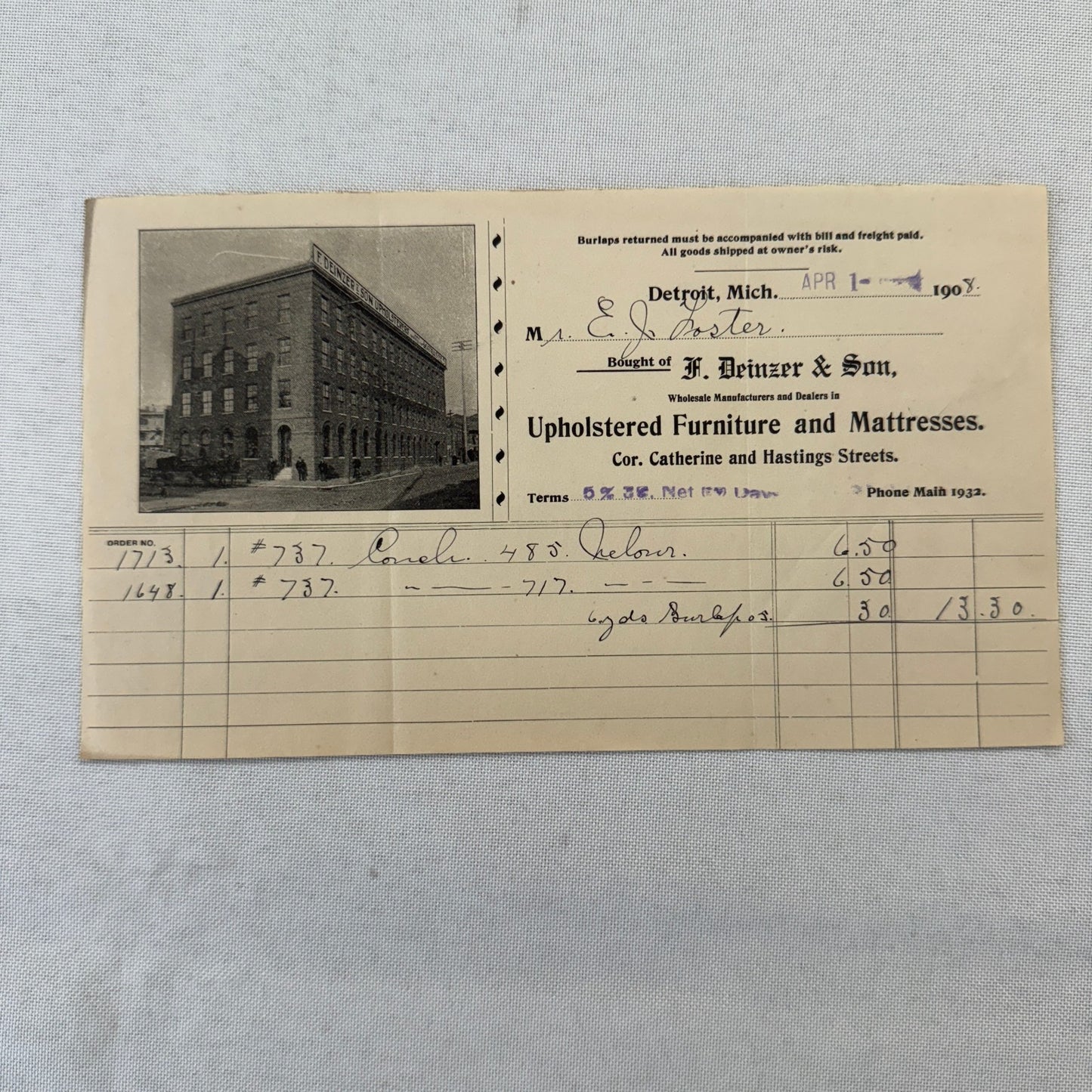 F Deinzer and Son Furniture Mattresses Invoice Receipt Document Lot 4x Detroit
