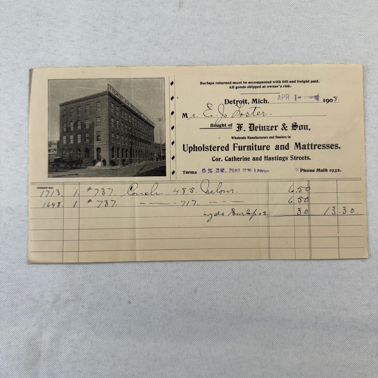 F Deinzer and Son Furniture Mattresses Invoice Receipt Document Lot 4x Detroit