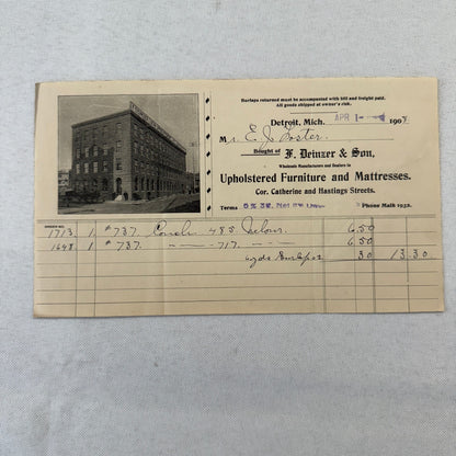 F Deinzer and Son Furniture Mattresses Invoice Receipt Document Lot 4x Detroit