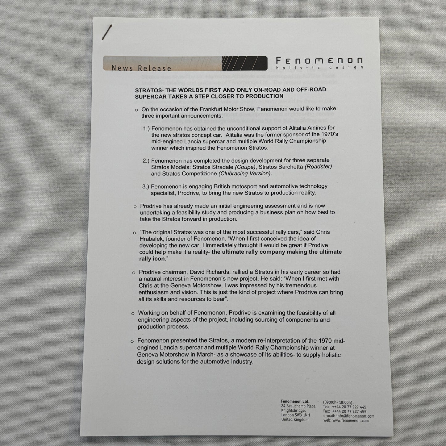 Fenomenon Stratos Concept Car Press Kit Lancia Stratos CD