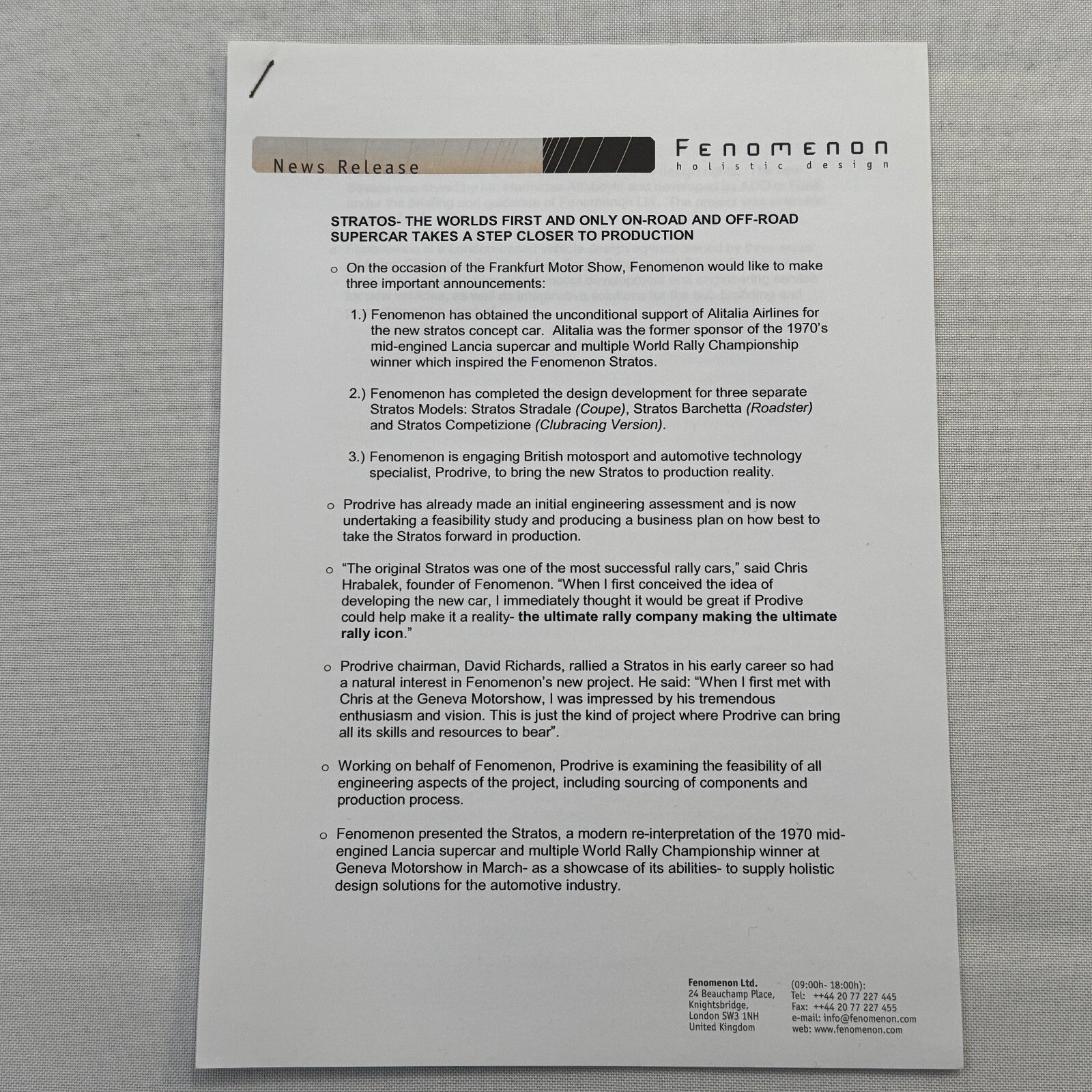 Fenomenon Stratos Concept Car Press Kit Lancia Stratos CD