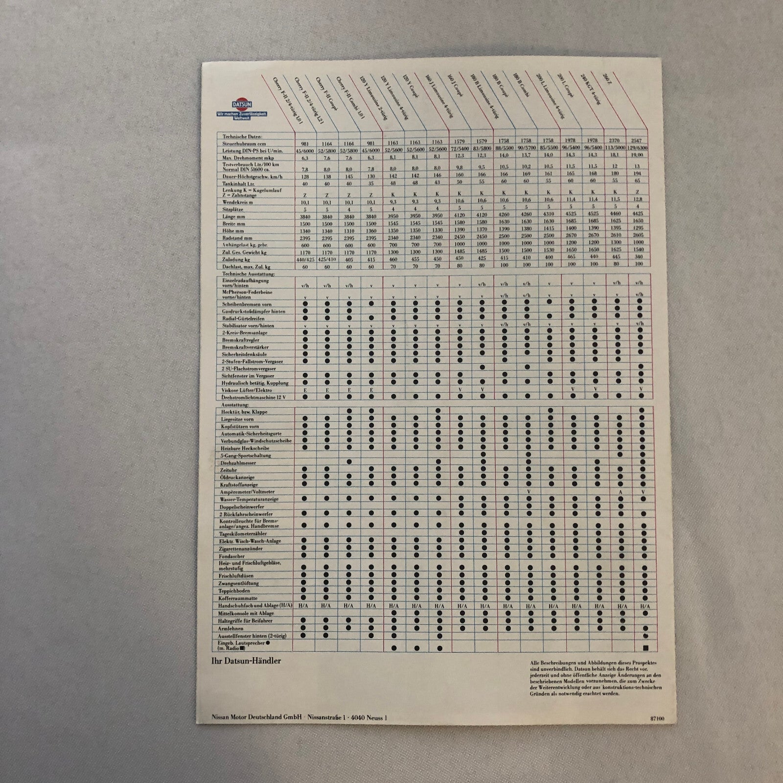 1977 Nissan Car Sales Brochure GERMAN TEXT 260Z 260 Z 200 Cherry 180 160 120 +