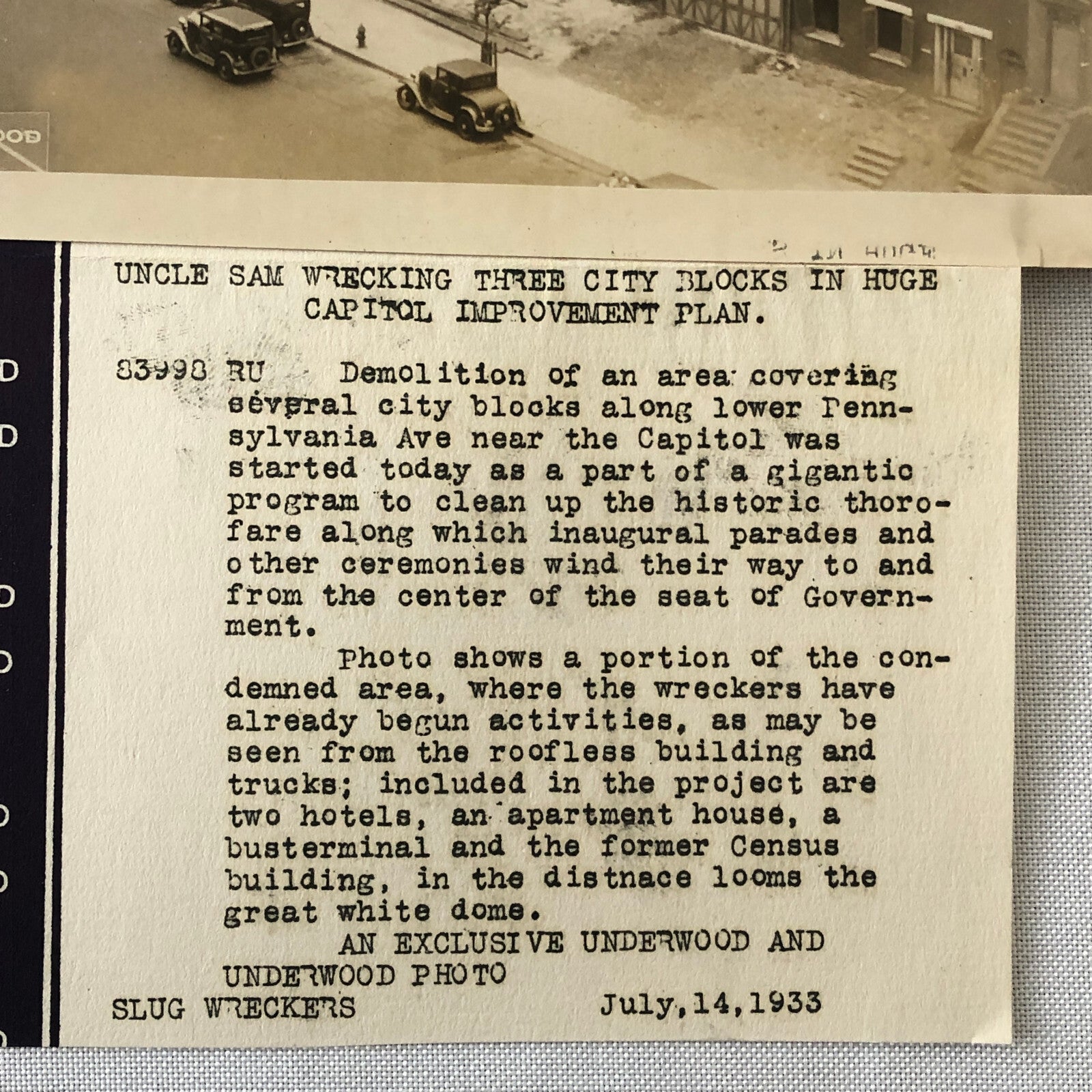 Press Photo Photograph Washington Capitol Construction Demolition 1933 Cars