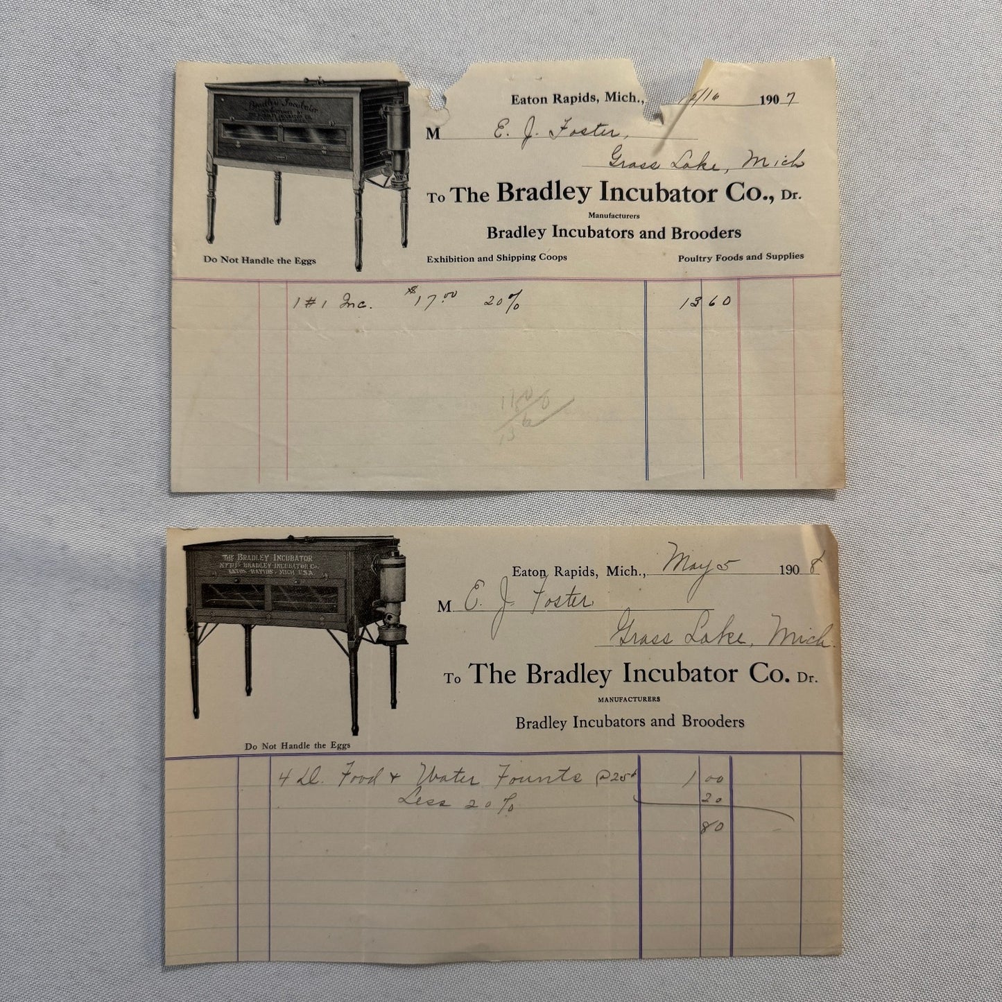 1908 Bradley Incubator Company Eaton Rapids Michigan Invoice Document Antique