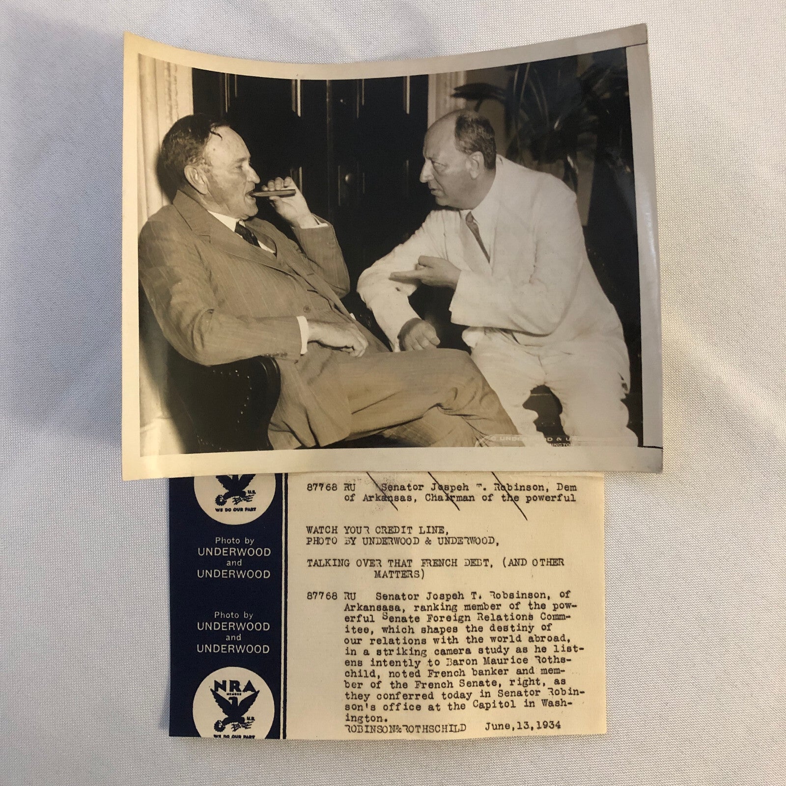 Press Photo Photograph Baron Maurice Rothschild Banker with Senator 1934