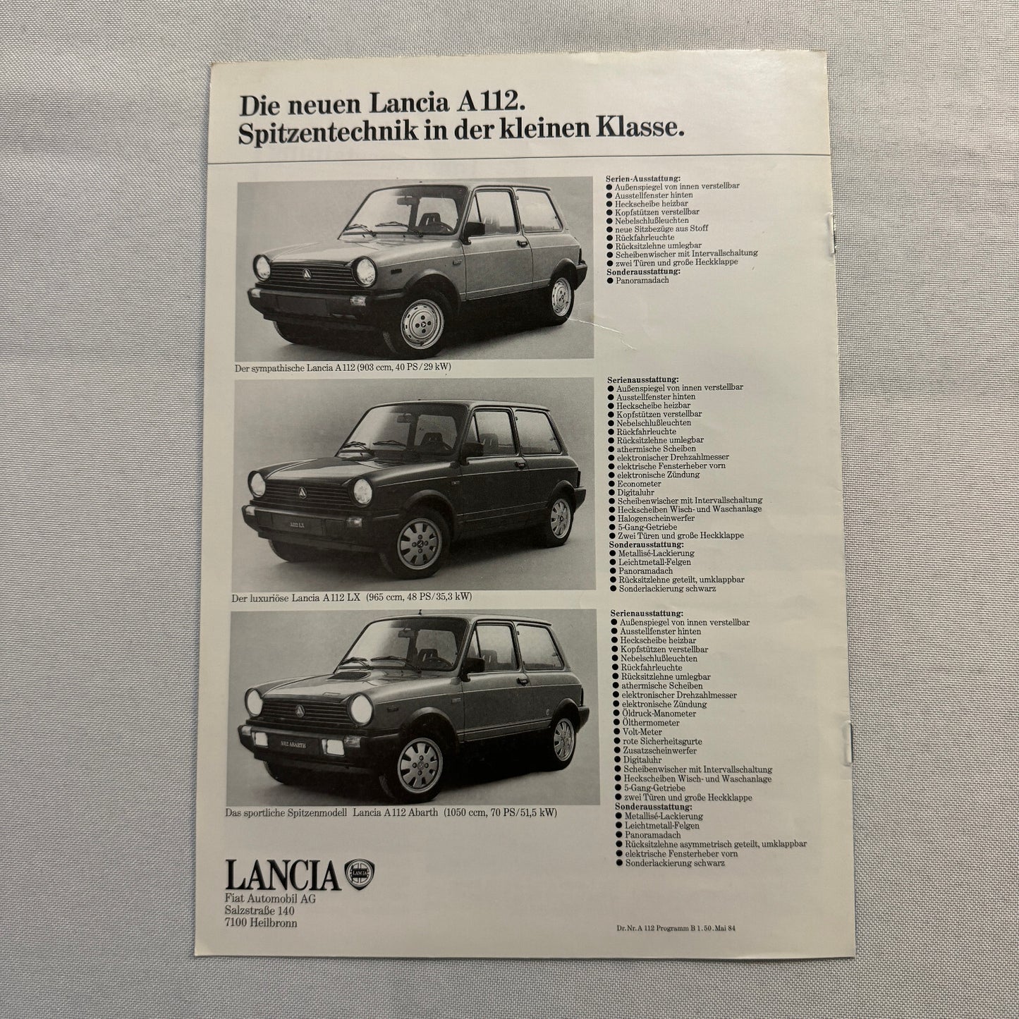 Lancia A112 LX Abarth Car Sales Brochure Catalog Lancia A 112