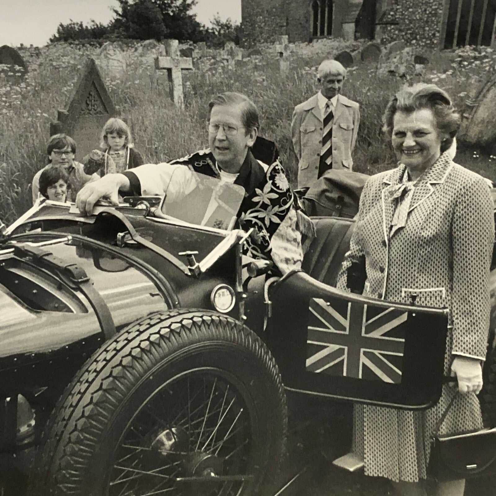 Antique Bentley Car with Church Clergy Press Photo Photograph Print 