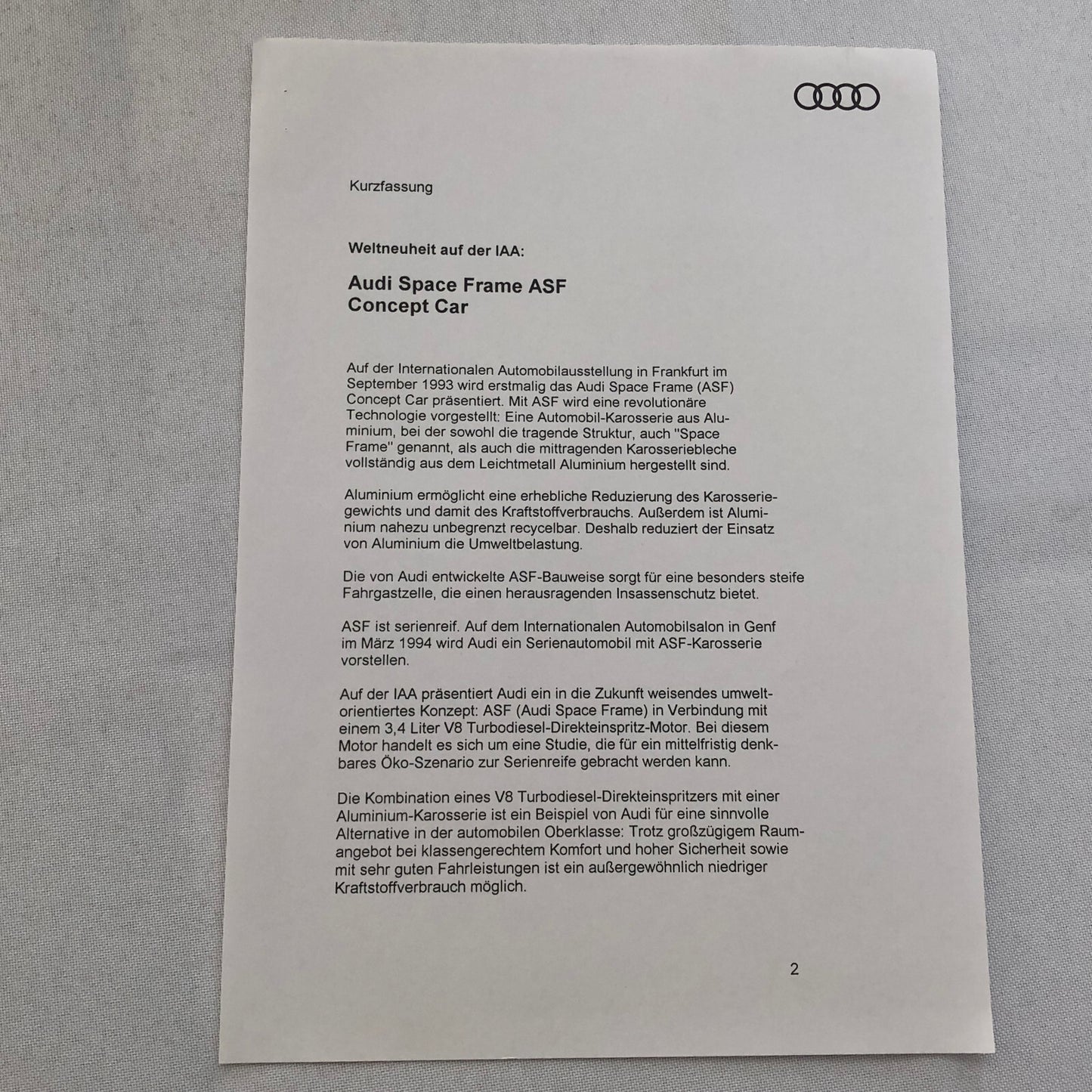 Audi Space Frame ASF Concept Car Press Kit Photo Photograph Lot