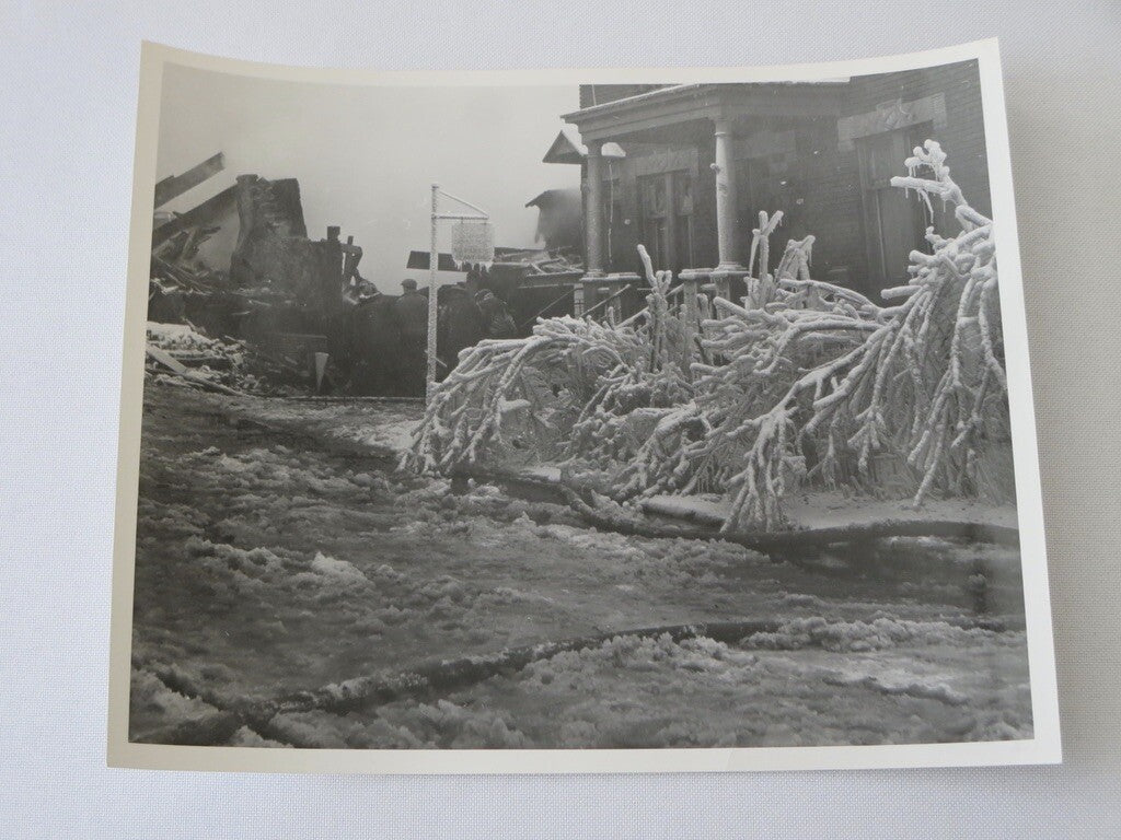 Vintage Montreal Press Photo House Fire Firefighting Ice Winter Photograph