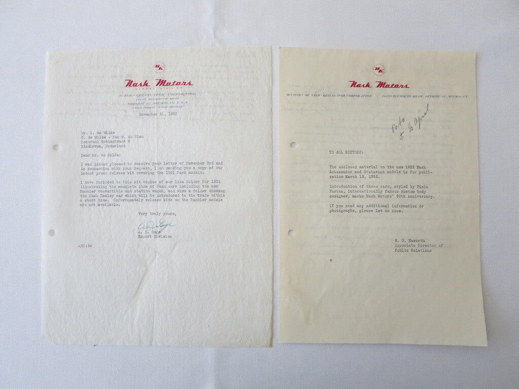 1949 - 1955 Nash Motors Car Company Letter Letterhead Document Lot of 8