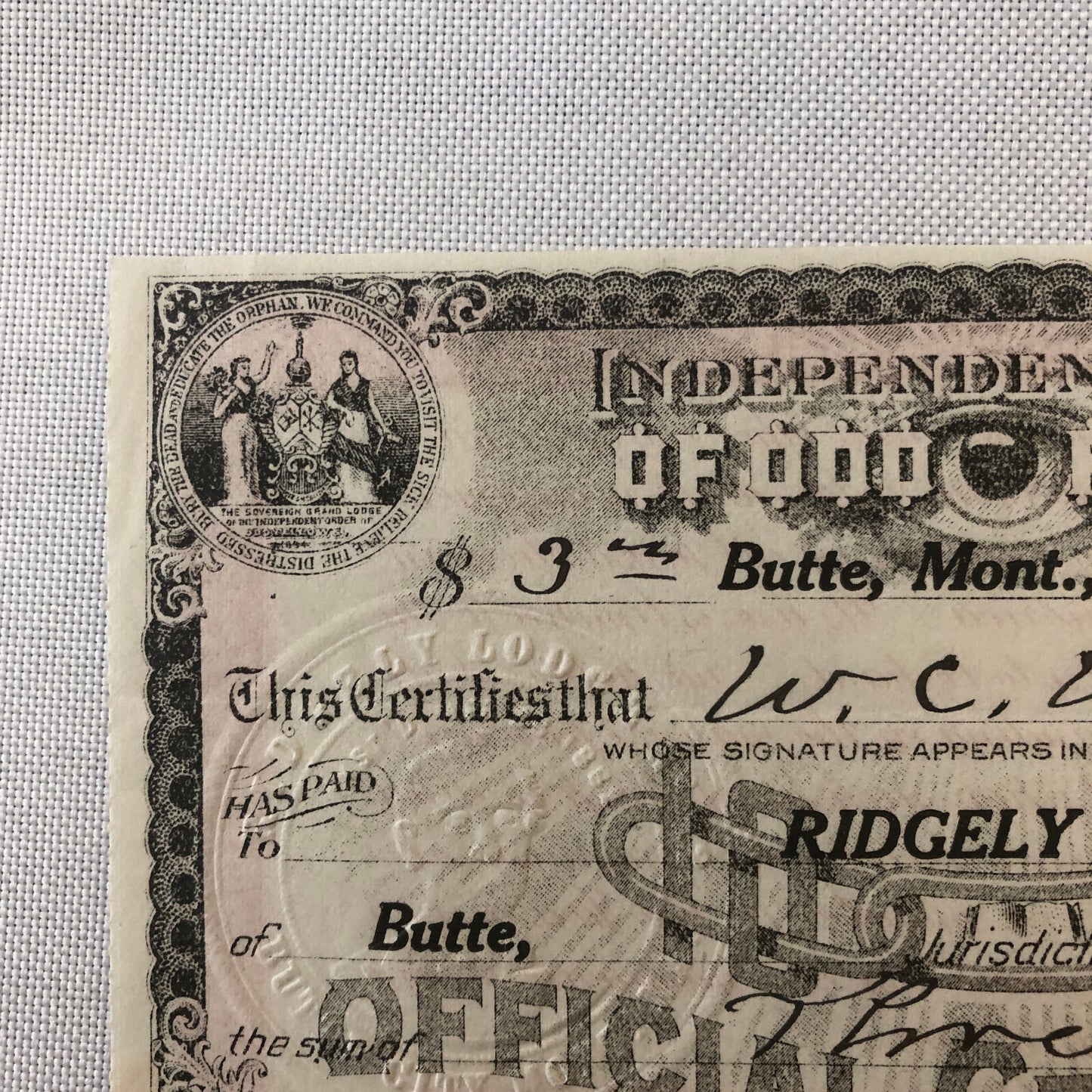 Independent Order of Odd Fellows Official Membership Certificate Document Lot 4x