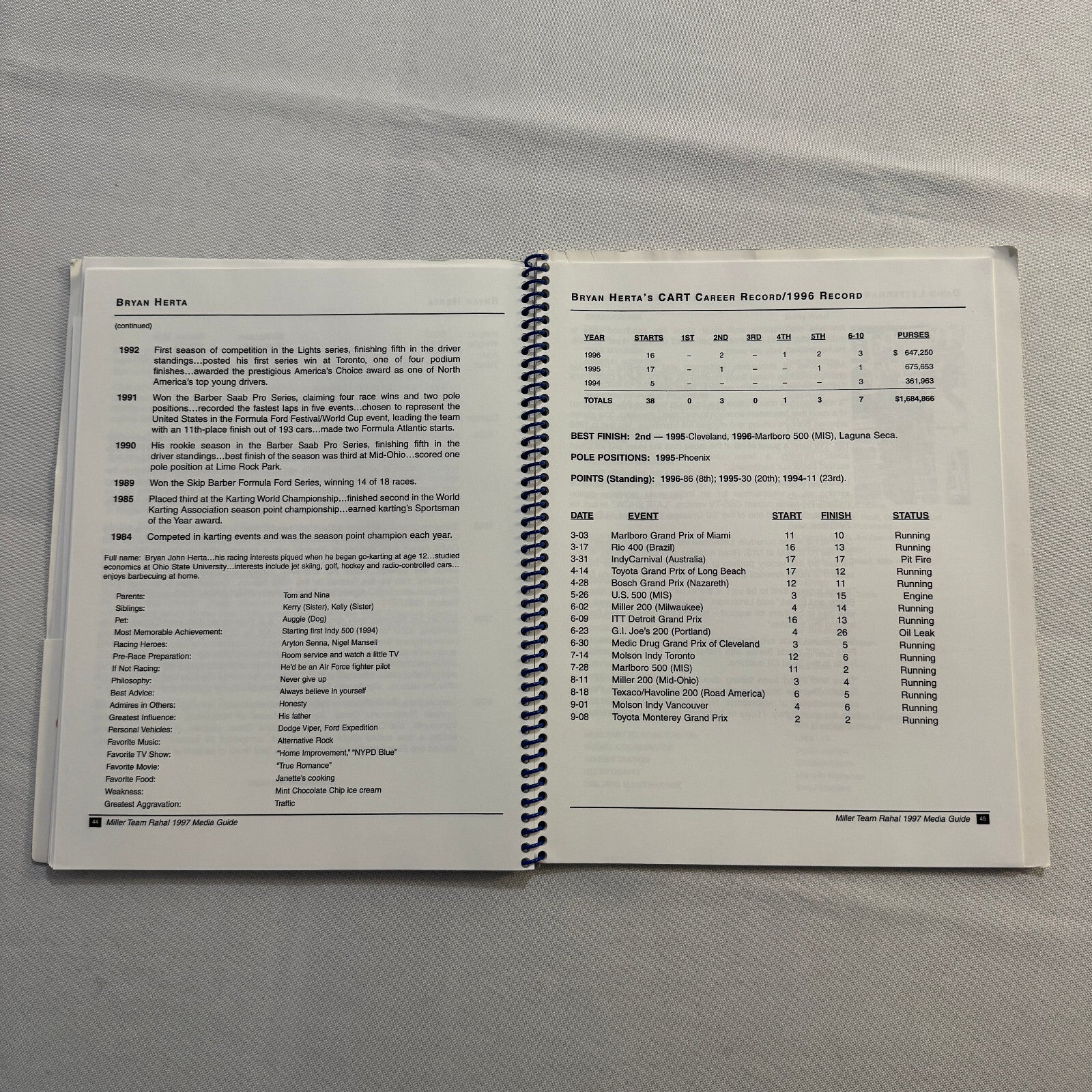 1997 CART Racing Bobby Rahal Miller Racing Press Kit Media Guide Bryan Herta +