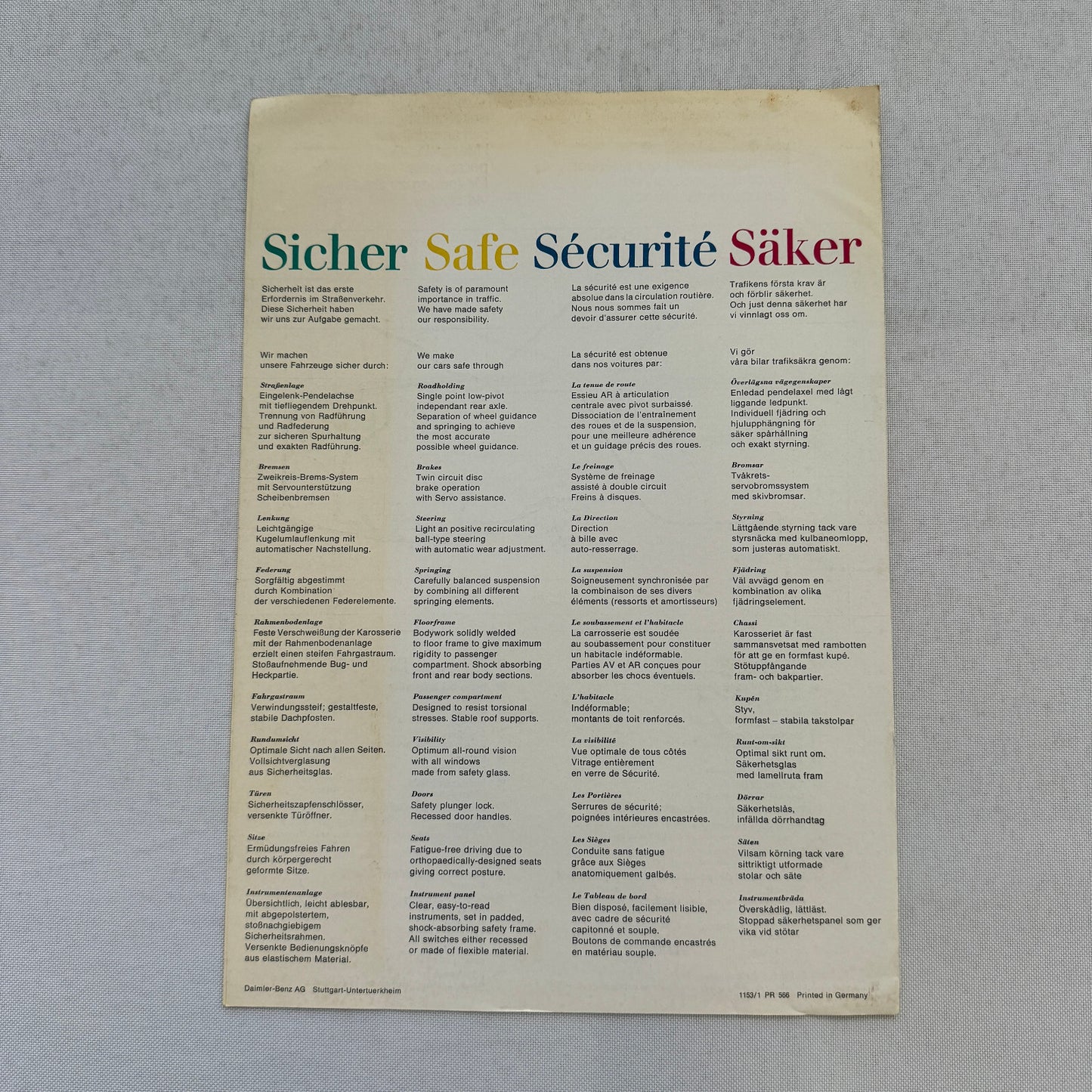 Mercedes Benz Safety Feature Sales Brochure Catalog Advertising European Market