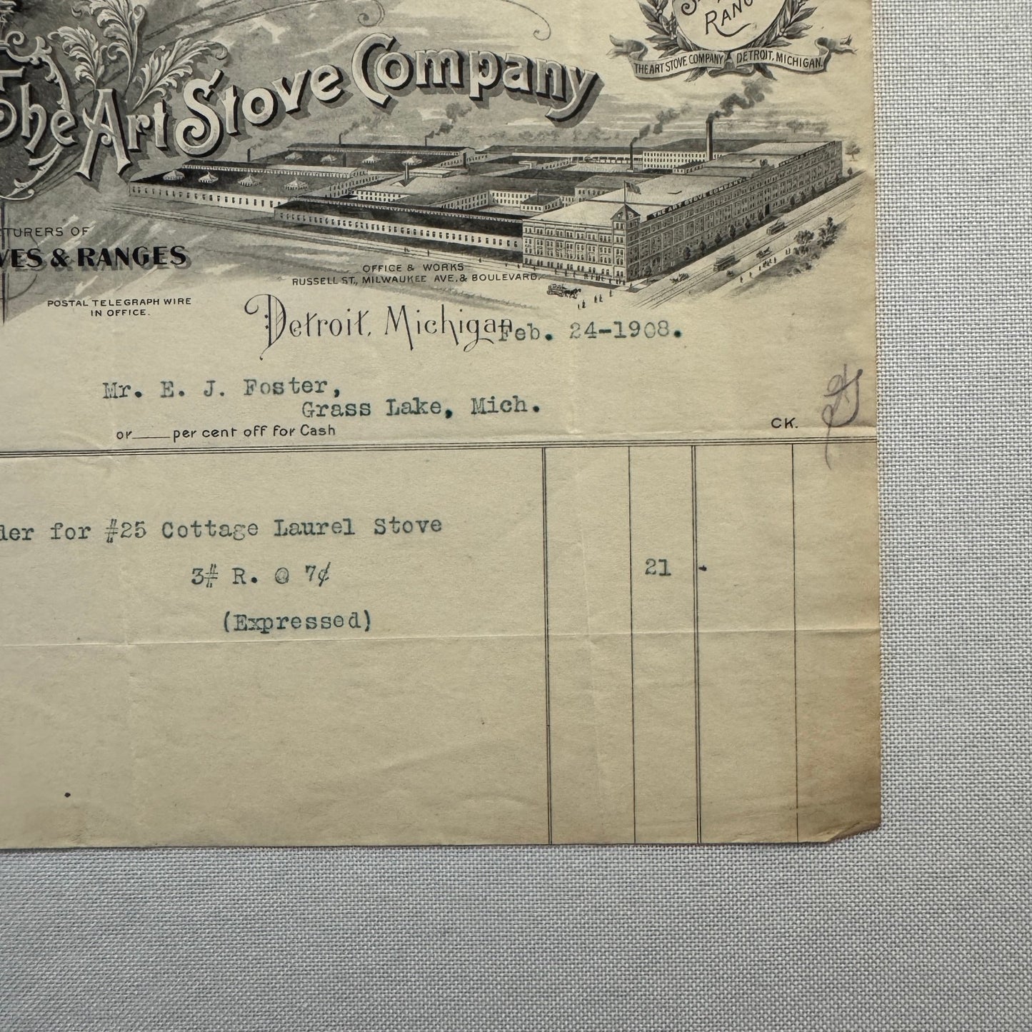 Art Stove Company Laurel Letterhead Invoice Document 1908 Detroit Michigan