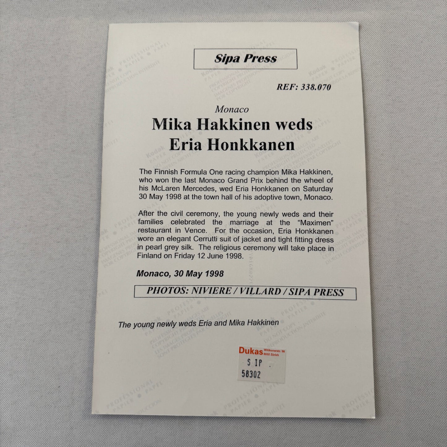 Mika Hakkinen Racing Driver Wedding Photo Photograph Monaco Eria Honkkanen
